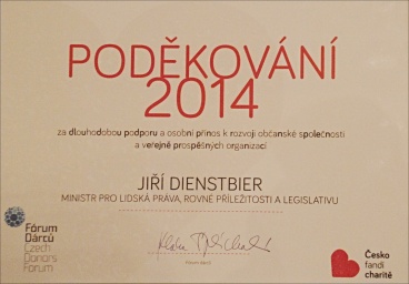 Poděkování ministru Jiřímu Dienstbierovi od neziskových organizací