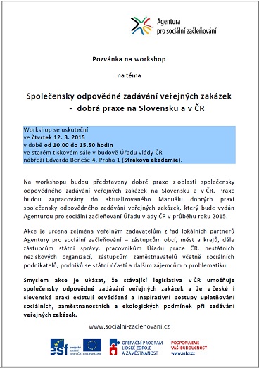 Workshop o společensky odpovědném zadávání veřejných zakázek - pozvánka