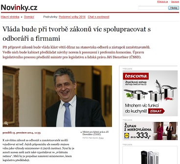 Novinky.cz - článek: Vláda bude při tvorbě zákonů víc spolupracovat s odboráři a firmami