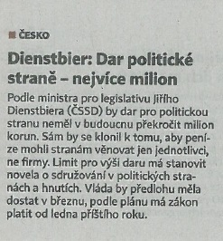 Hospodářské noviny - clánek - Dienstbier: Dar politické straně – nejvíce milion 