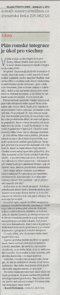Mladá Fronta DNES - článek - Plán romské integrace je úkol pro všechny