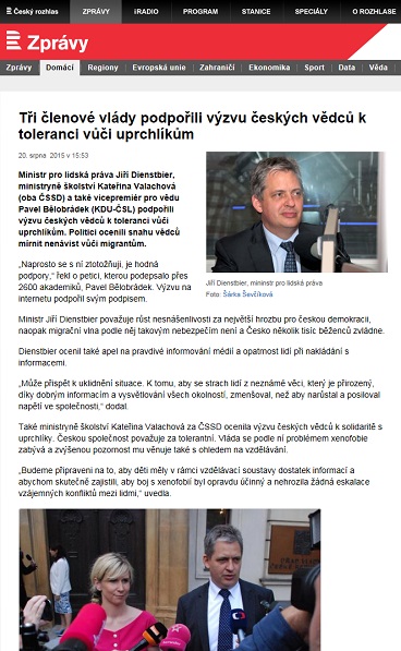 ČRo-Radiožurnál: Tři členové vlády podpořili výzvu českých vědců k toleranci vůči uprchlíkům