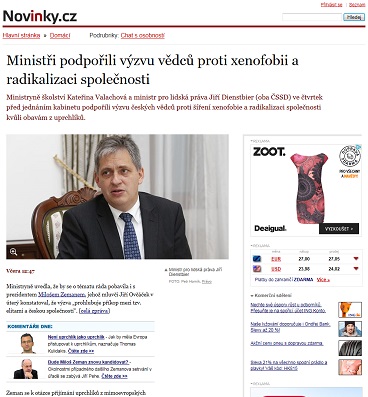 Novinky.cz: Ministři podpořili výzvu vědců proti xenofobii a radikalizaci společnosti