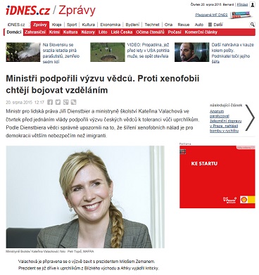 iDnes.cz: Ministři podpořili výzvu vědců. Proti xenofobii chtějí bojovat vzděláním