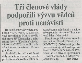 PRÁVO: Tři členové vlády podpořili výzvu vědců proti nenávisti
