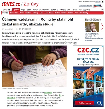 iDnes.cz: Účinným vzděláváním Romů by stát mohl získat miliardy, ukázala studie