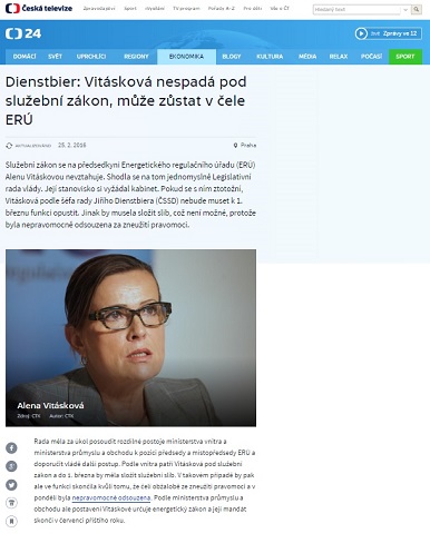 ČT 24: Dienstbier: Vitásková nespadá pod služební zákon, může zůstat v čele ERÚ