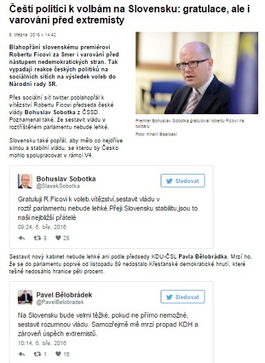 ČRo 1: Čeští politici k volbám na Slovensku: gratulace, ale i varování před extremisty