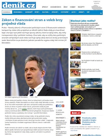 Deník.cz: Zákon o financování stran a voleb brzy projedná vláda