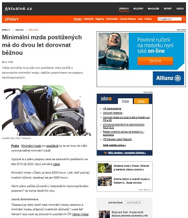 Aktuálně.cz: Minimální mzda postižených má do dvou let dorovnat běžnou