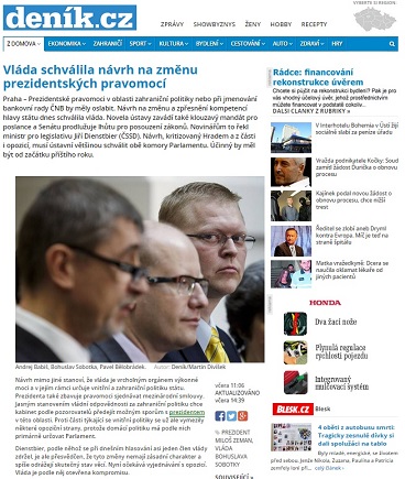 Deník.cz: Vláda schválila návrh na změnu prezidentských pravomocí