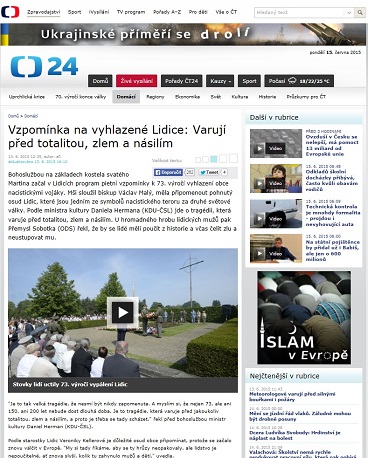 ČT 24: Vzpomínka na vyhlazené Lidice: Varují před totalitou, zlem a násilím