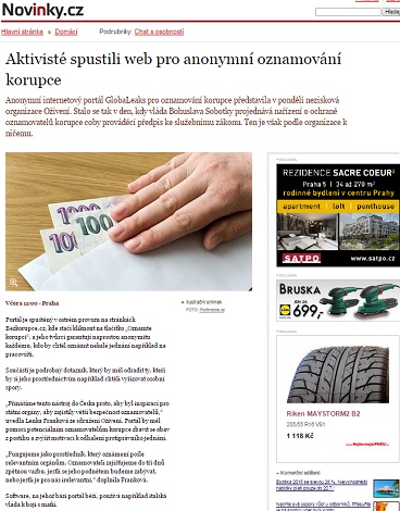 novinky.cz: Aktivisté spustili web pro anonymní oznamování korupce