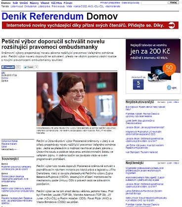 Deník Referendum: Petiční výbor doporučil schválit novelu rozšiřující pravomoci ombudsmanky