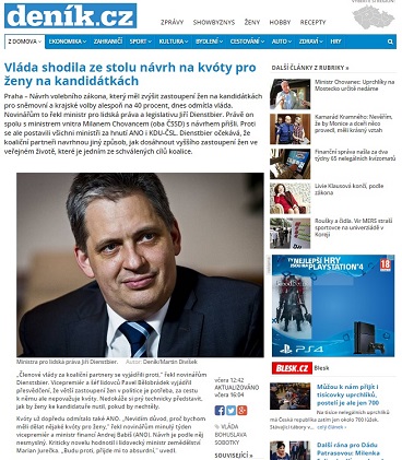 Deník.cz: Vláda shodila ze stolu návrh na kvóty pro ženy na kandidátkách