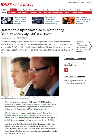 IDNES.cz: Referenda o uprchlících se ministr nebojí. Šanci zákonu daly KSČM a Úsvit