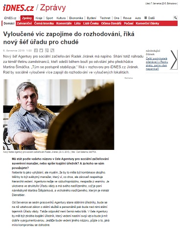 IDNES.cz: Vyloučené víc zapojíme do rozhodování, říká nový šéf úřadu pro chudé