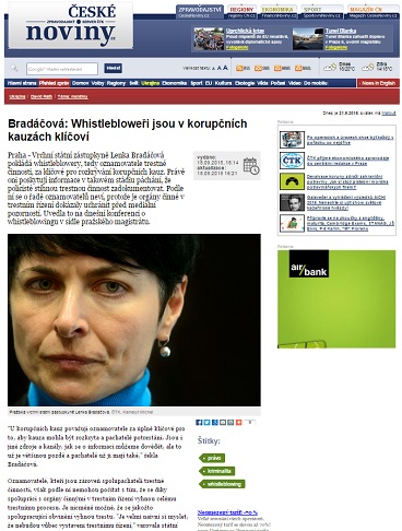 České noviny.cz: Bradáčová: Whistlebloweři jsou v korupčních kauzách klíčoví