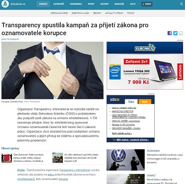 Aktuálně.cz: Transparency spustila kampaň za přijetí zákona pro oznamovatele korupce