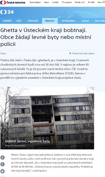 ČT 24: Ghetta v Ústeckém kraji bobtnají. Obce žádají levné byty nebo místní policii