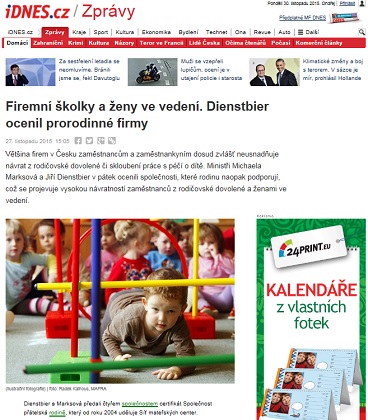 IDNES.cz: Firemní školky a ženy ve vedení. Dienstbier ocenil prorodinné firmy