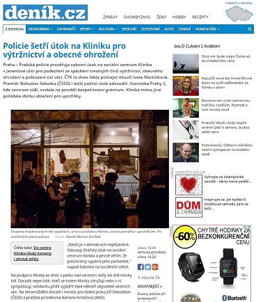 Deník.cz: Policie šetří útok na Kliniku pro výtržnictví a obecné ohrožení