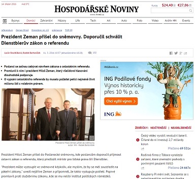 iHNED.cz: Prezident Zeman přišel do sněmovny. Doporučil schválit Dienstbierův zákon o referendu