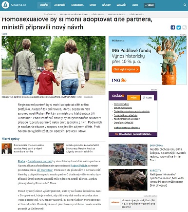 Aktuálně.cz: Homosexuálové by si mohli adoptovat dítě partnera, ministři připravili nový návrh