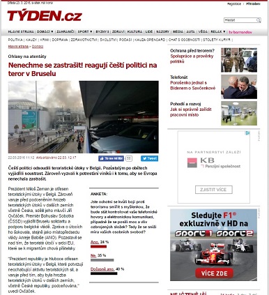 Týden.cz: Nenechme se zastrašit! reagují čeští politici na teror v Bruselu
