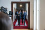 Czech Prime Minister Petr Fiala and French President Emmanuel Macron arrive at the Hall of Delegations, 5 March 2024.