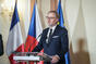 Czech Prime Minister Petr Fiala speaks at a press conference with French President Emmanuel Macron, 5 March 2024.