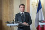 French President Emmanuel Macron at a press conference after a meeting with Czech Prime Minister Petr Fiala, 5 March 2024.