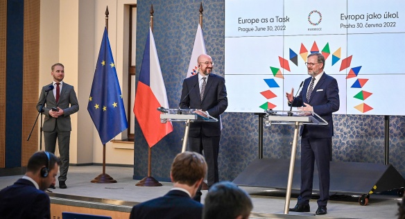 Na tiskové konferenci shrnuli premiér P. Fiala a předseda Evropské rady Ch. Michel shrnuli hlavní témata jednání, 30. června 2022.