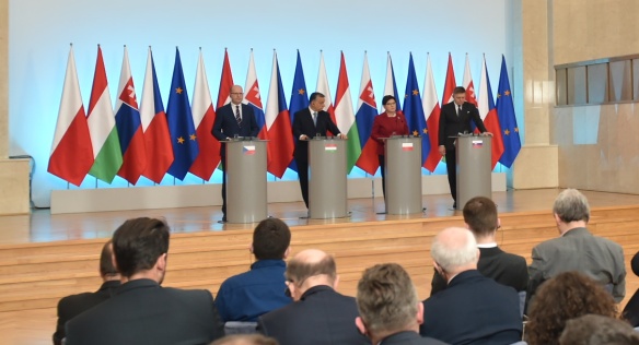 Tisková konference po jednání předsedů vlád zemí Visegrádské skupiny, 2. března 2017.