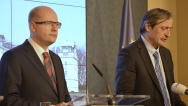 Prime Minister Sobotka, Defence Minister Stropnický and General Major Malenínský at a press conference regarding the transit of a convoy of allied troops, 27 March 2015.