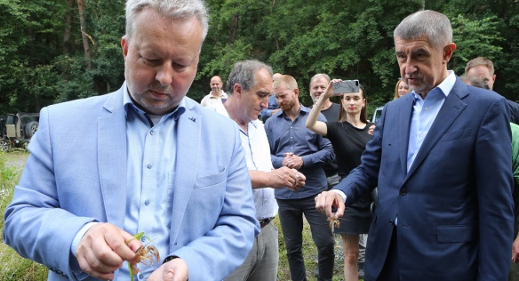 Premiér Andrej Babiš a ministr životního prostředí Richard Brabec pomohli na Křivoklátsku vysadit raky kamenáče, 2. července 2020.