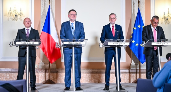 Prime Minister Petr Fiala, ministers Zbyněk Stanjura and Jozef Síkela and CEO of ČEZ Daniel Beneš at a press conference, July 17, 2024.