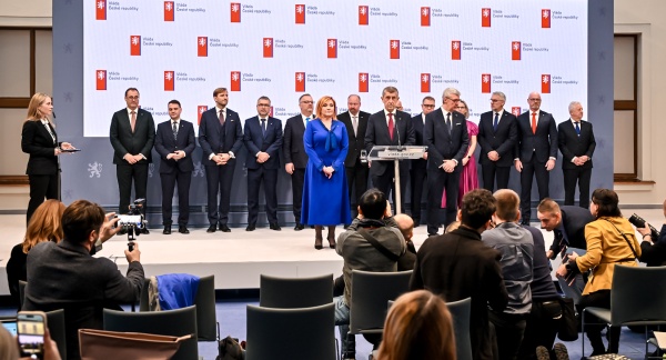 Prime Minister Andrej Babiš and members of his government at their first press conference after the inaugural cabinet meeting on December 15, 2025.