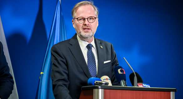 Premiér Petr Fiala na tiskové konferenci shrnul závěry jednání v Bruselu, 18. července 2023.