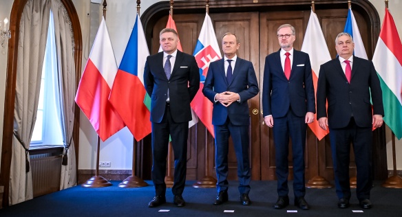 V Lichtenštejnském paláci se uskutečnilo jednání premiérů zemí V4 Petra Fialy, Donalda Tuska, Roberta Fica a Viktora Orbána, 27. února 2024.