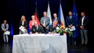 Premiér Petr Fiala a ministerský předseda Svobodného státu Bavorsko Marcus Söder na společné tiskové konferenci po jednání, 8. července 2024.