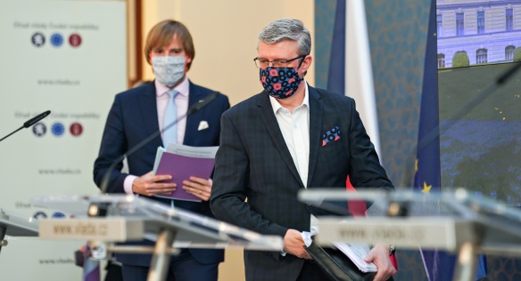 The most important points of the government's meeting were presented to journalists by Deputy Prime Minister Karel Havlíček and Minister of Health Adam Vojtěch, 18 May 2020.