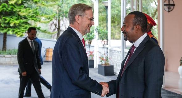 V premiérském paláci přivítal českého premiéra Petra Fialu předseda etiopské vlády Abiy Ahmed, 4. listopadu 2023.