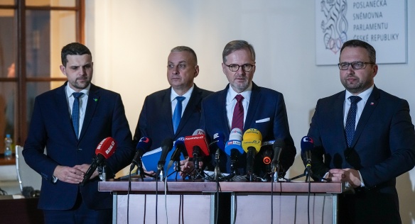 Jednání vlády na tiskové konferenci okomentovali premiér Petr Fiala, vicepremiér Marian Jurečka a ministři Petr Hladík a Jozef Síkela, 24. ledna 2024.