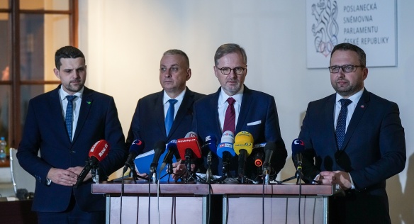 Jednání vlády na tiskové konferenci okomentovali premiér Petr Fiala, vicepremiér Marian Jurečka a ministři Petr Hladík a Jozef Síkela, 24. ledna 2024.