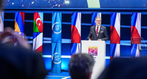 Český premiér Petr Fiala během projevu na Jaderném summitu v Bruselu, 21. března 2024.