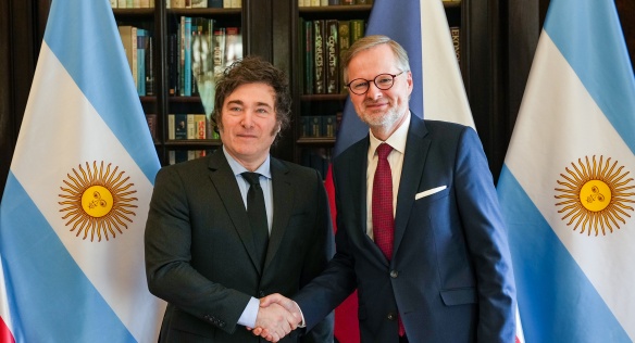 Premiér ČR Fiala a prezident Argentiny Milei jednali o rozšíření ekonomické spolupráce obou zemí, 24. června 2024.