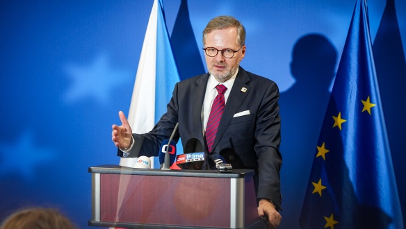 Premiér Petr Fiala shrnul na brífinku přítomným novinářům výsledky zasedání Evropské rady, 27. června 2024.