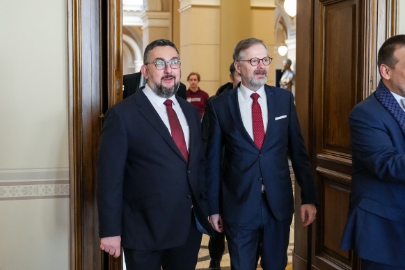 Na tiskové konferenci v Národním muzeu oznámili premiér ČR Petr Fiala a etiopská ministryně Kassaová zápůjčku fosílie předka člověka, 4. února 2025.