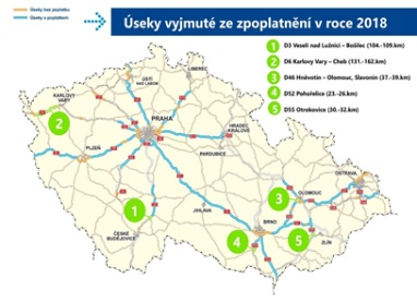 Úseky vyjmuté ze zpoplatnění v roce 2018.